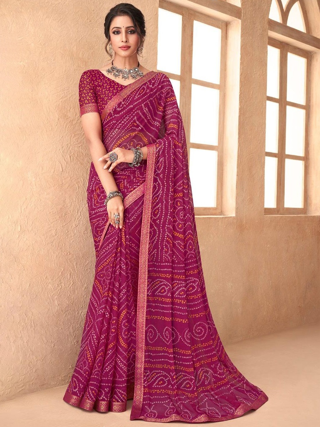 

DURGA EMPORIO Pure Chiffon Bandhani Saree, Magenta