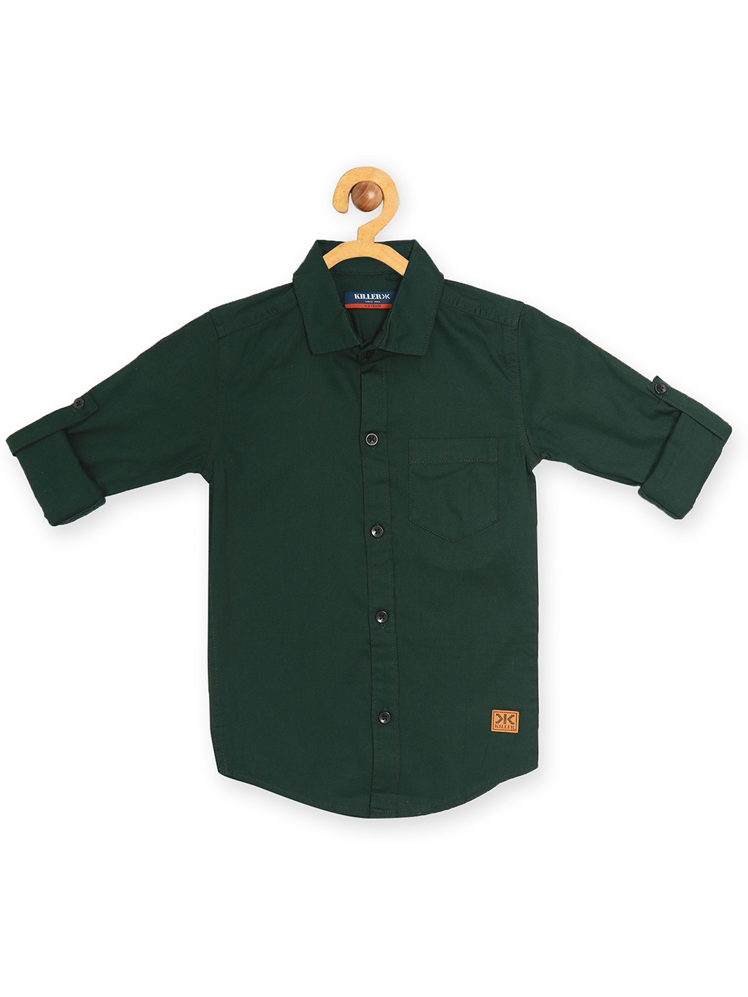 

Killer Boys Straight Slim Fit Spread Collar Solid Cotton Casual Shirt, Green