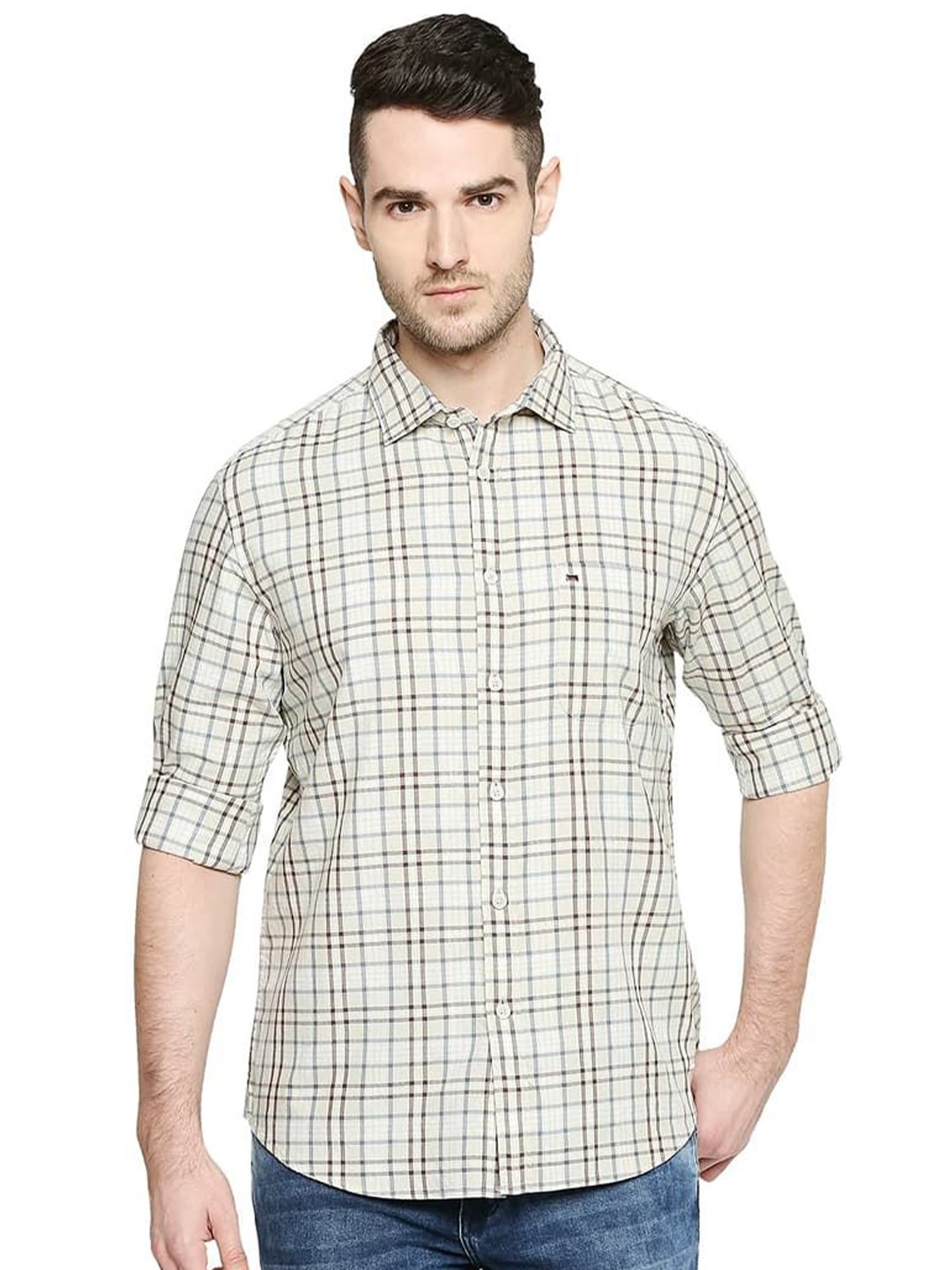

Basics Men Relaxed Fit Spread Collar Checked Cotton Casual Shirt, Beige
