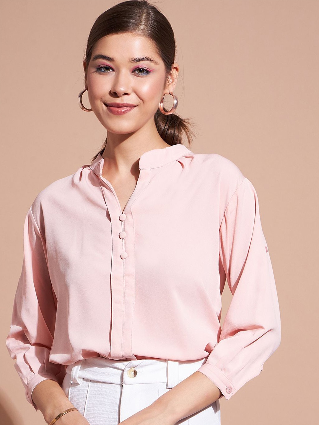 

DressBerry Women Solid Mandarin Collar Top, Pink
