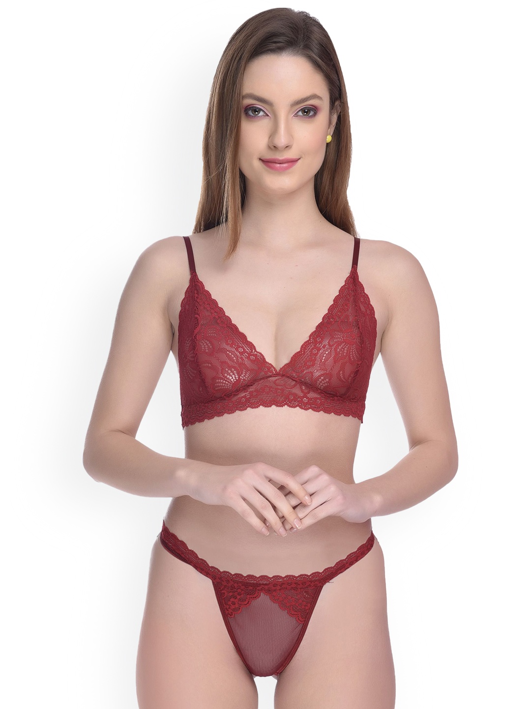 

Fihana WomenSelf Design Shoulder Strap Lingerie Set, Maroon