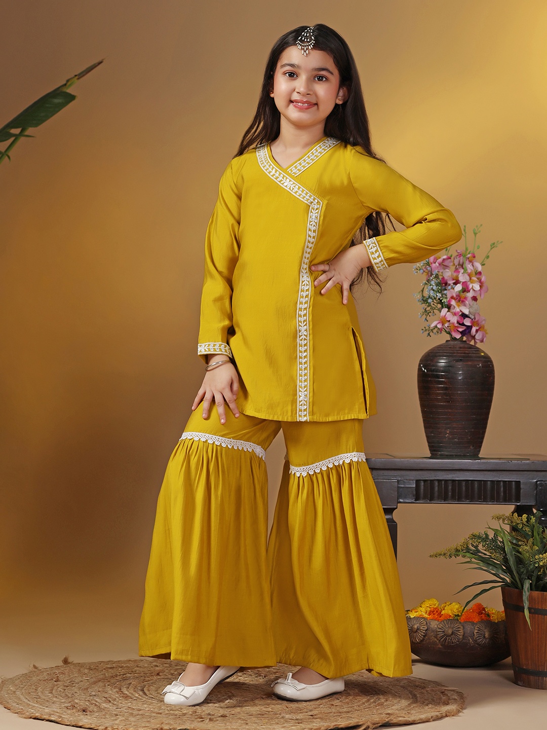 

Sangria Mustard Girls V-Neck Thread Work Angrakha Straight Kurti With Sharara