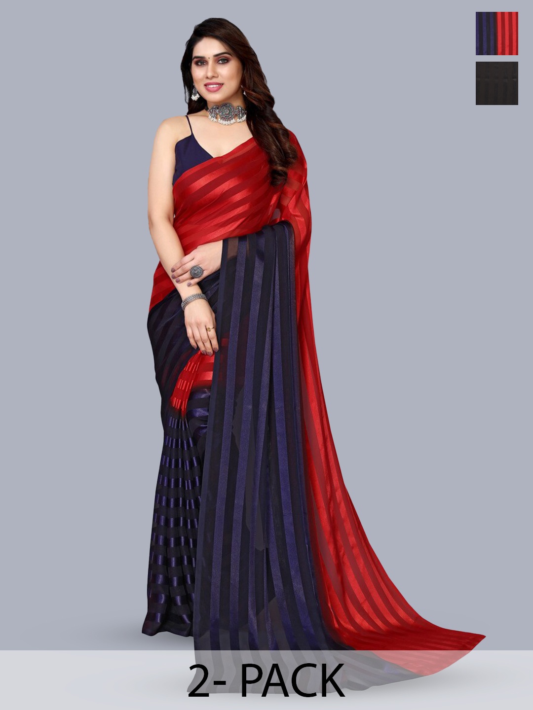 

Moda Rapido Set of 2 Striped Satin Sarees, Red