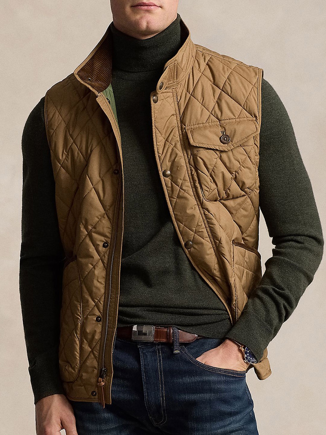 

Polo Ralph Lauren Men Mandarin Collar Solid Casual Gilet Jacket, Camel brown