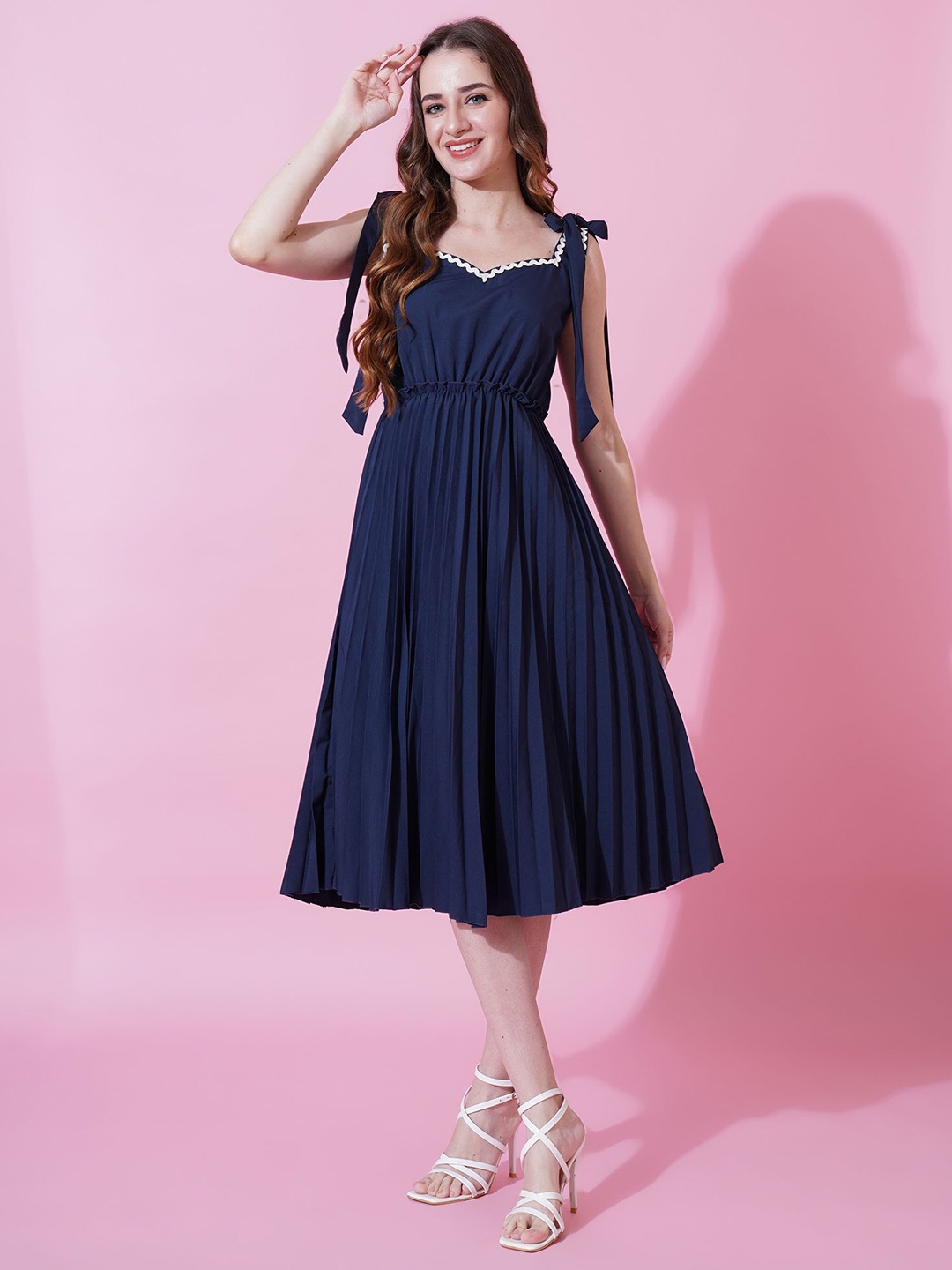 

YANAMORA Women Sweetheart Neck Sleeveless Fit & Flare Midi Dress, Blue