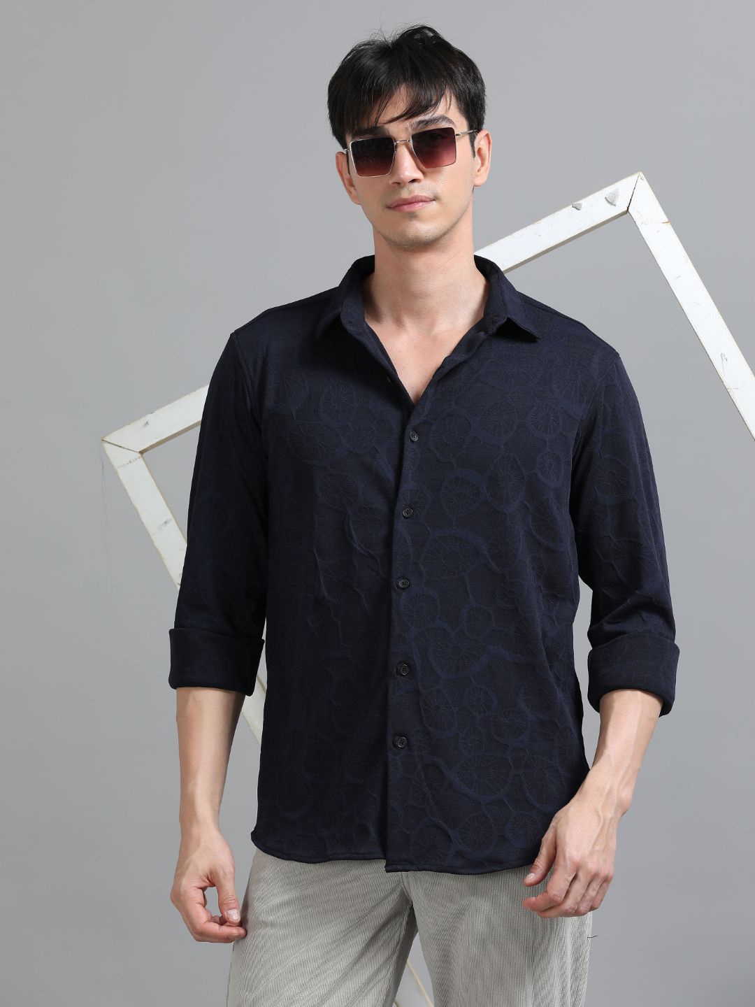 

PAUL STREET Men Standard Relaxed Fit Spread Collar Textured Casual Shirt, Navy blue