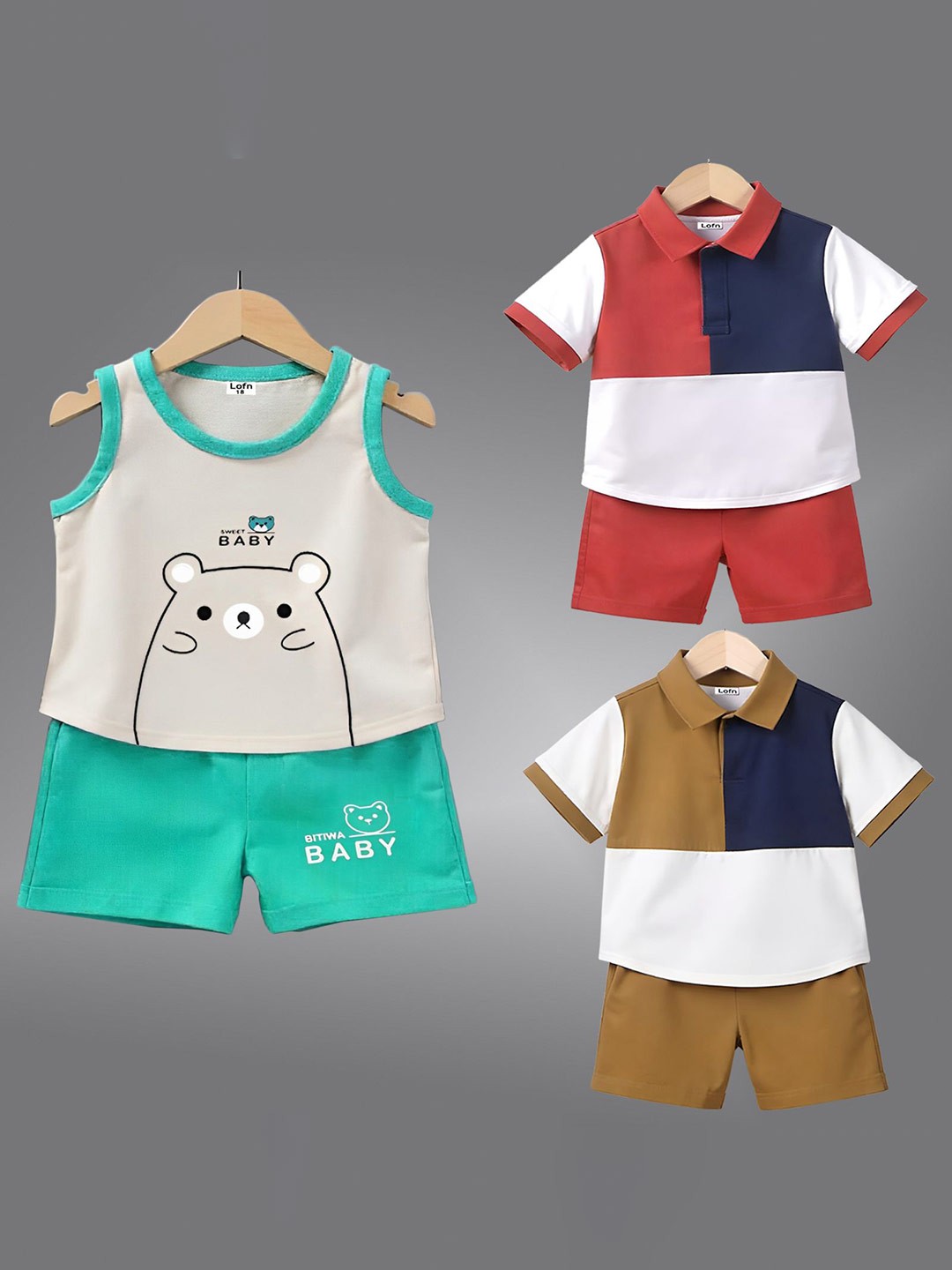 

Lofn Kids Pack of 3 Colourblocked Shirt Collar T-Shirt With Shorts, Green