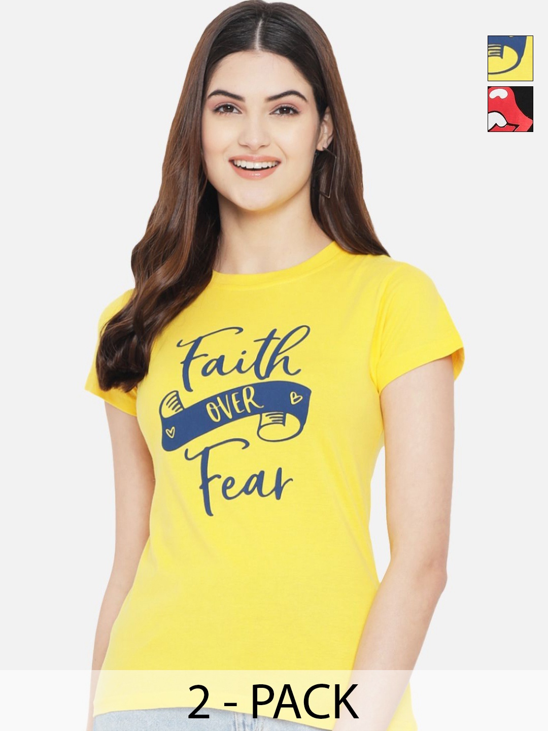 

Dreambe Women Pack Of 2 Typography Printed Round Neck Cotton T-shirts, Yellow