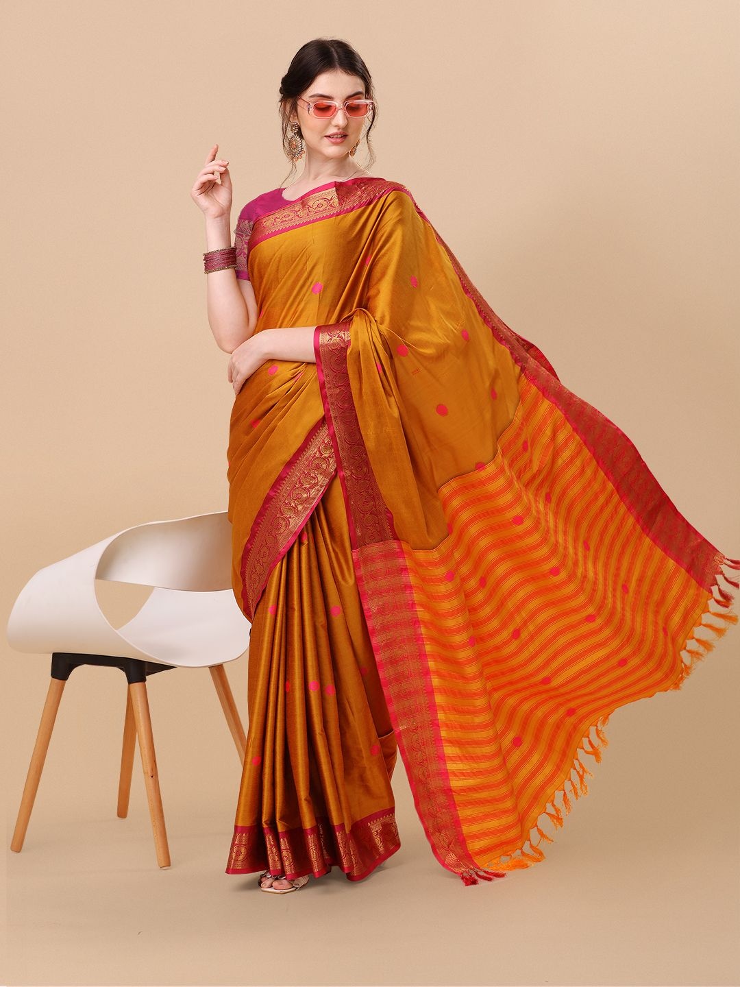 

DIVASTRI Ethnic Motifs Woven Design Zari Pure Silk Ilkal Saree, Mustard