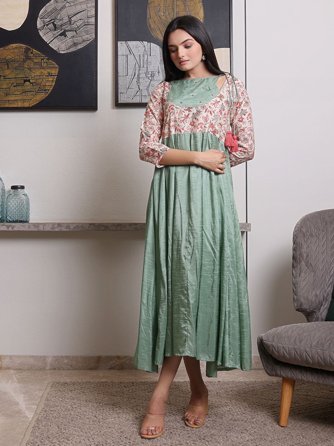 

SUKRUTI DESIGN Floral Print Fit & Flare Midi Dress, Green
