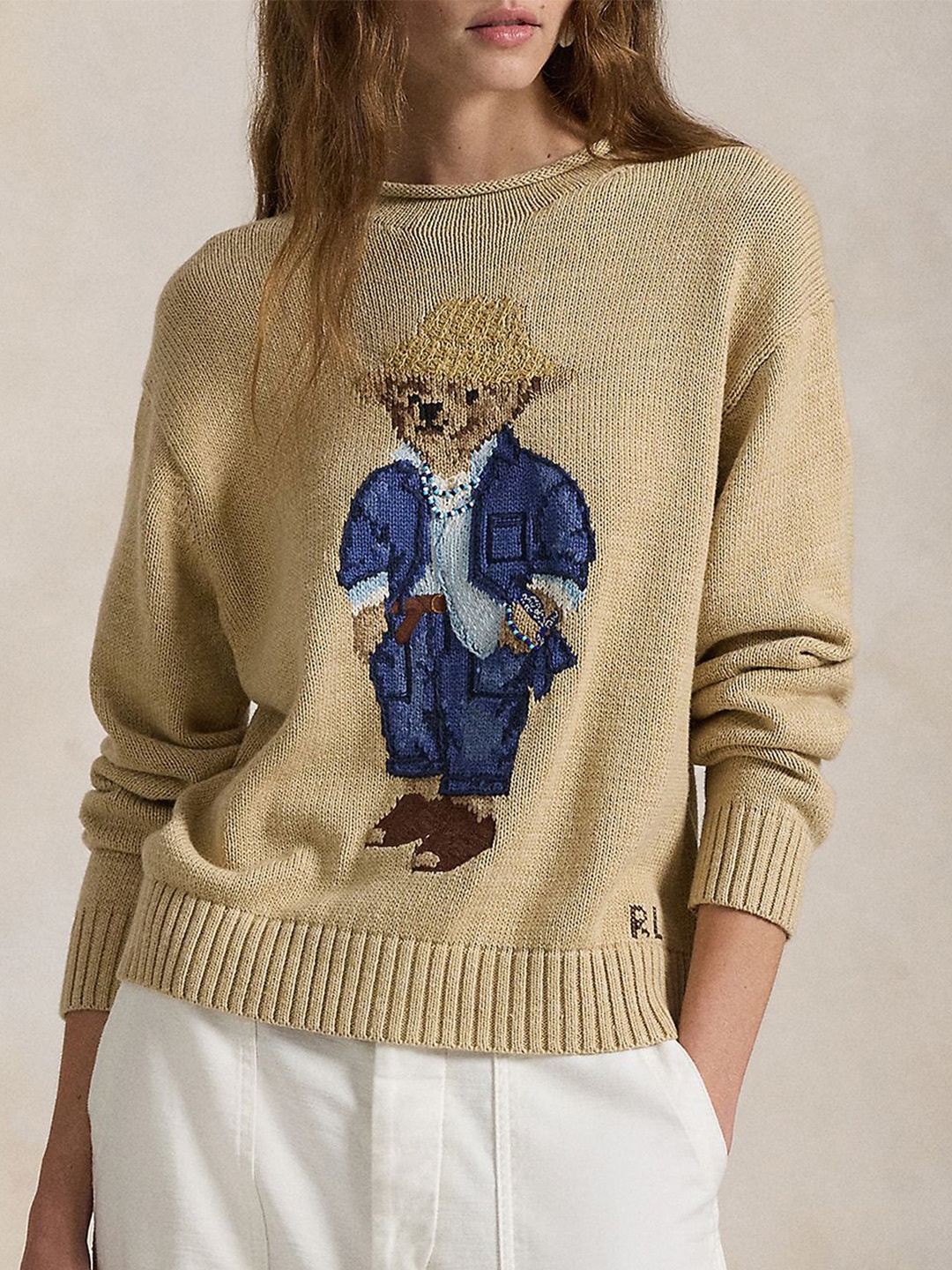 

Polo Ralph Lauren Polo Bear Printed Round Neck Long Sleeve Sweater, Beige