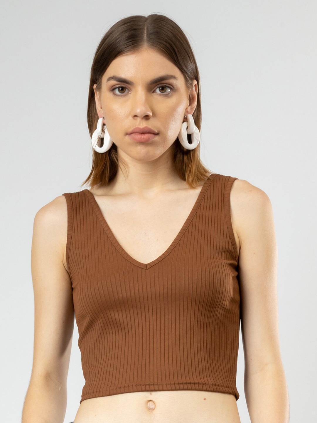 

PYR8 Ribbed Detailing Crop Tank Top, Coffee brown