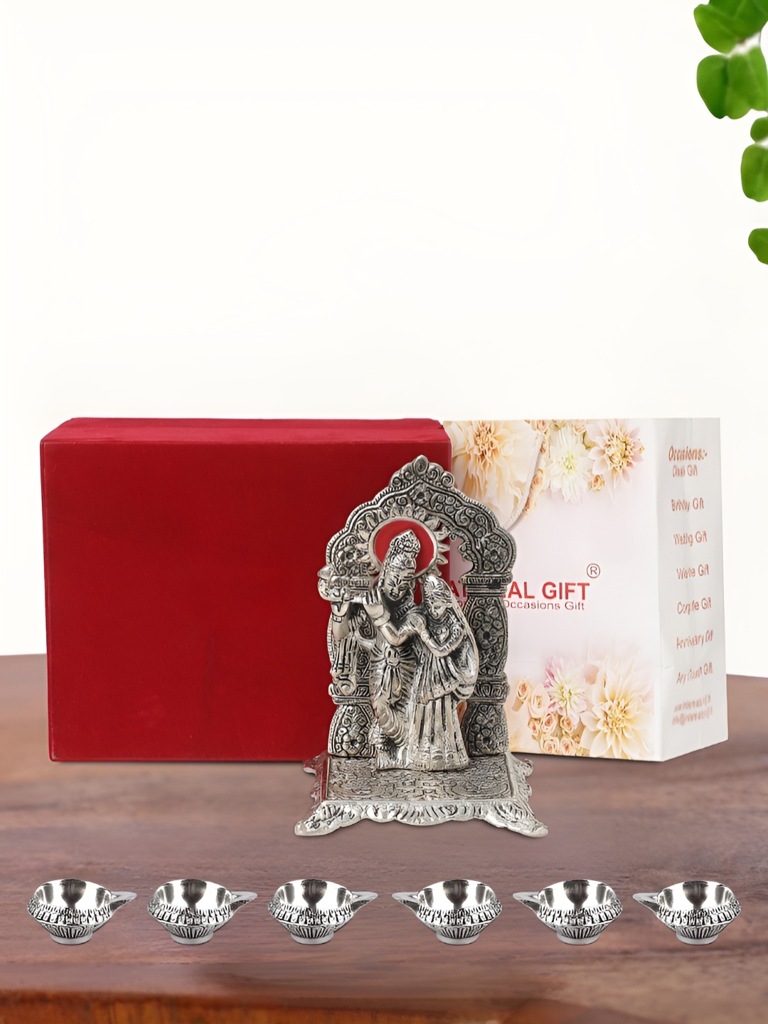 

INTERNATIONAL GIFT Silver Plated Radha Krishna Chowki with 6 Diya and Box