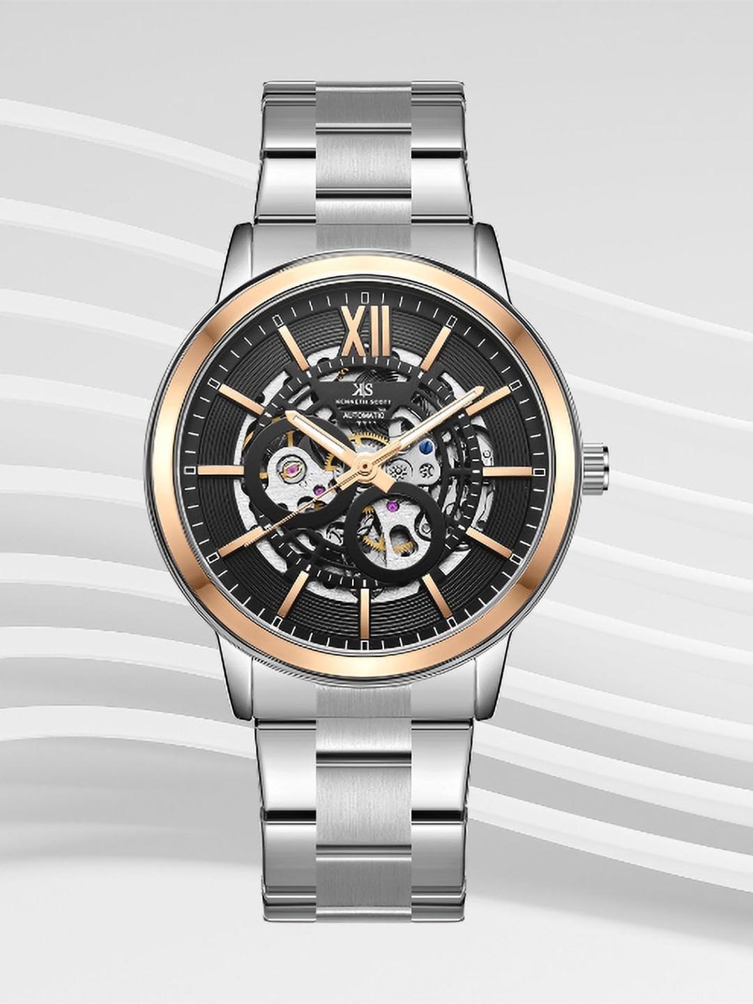 

KENNETH SCOTT Men Dial & Stainless Steel Bracelet Style Straps Analogue Automatic Watch K24324-KBSN, Silver