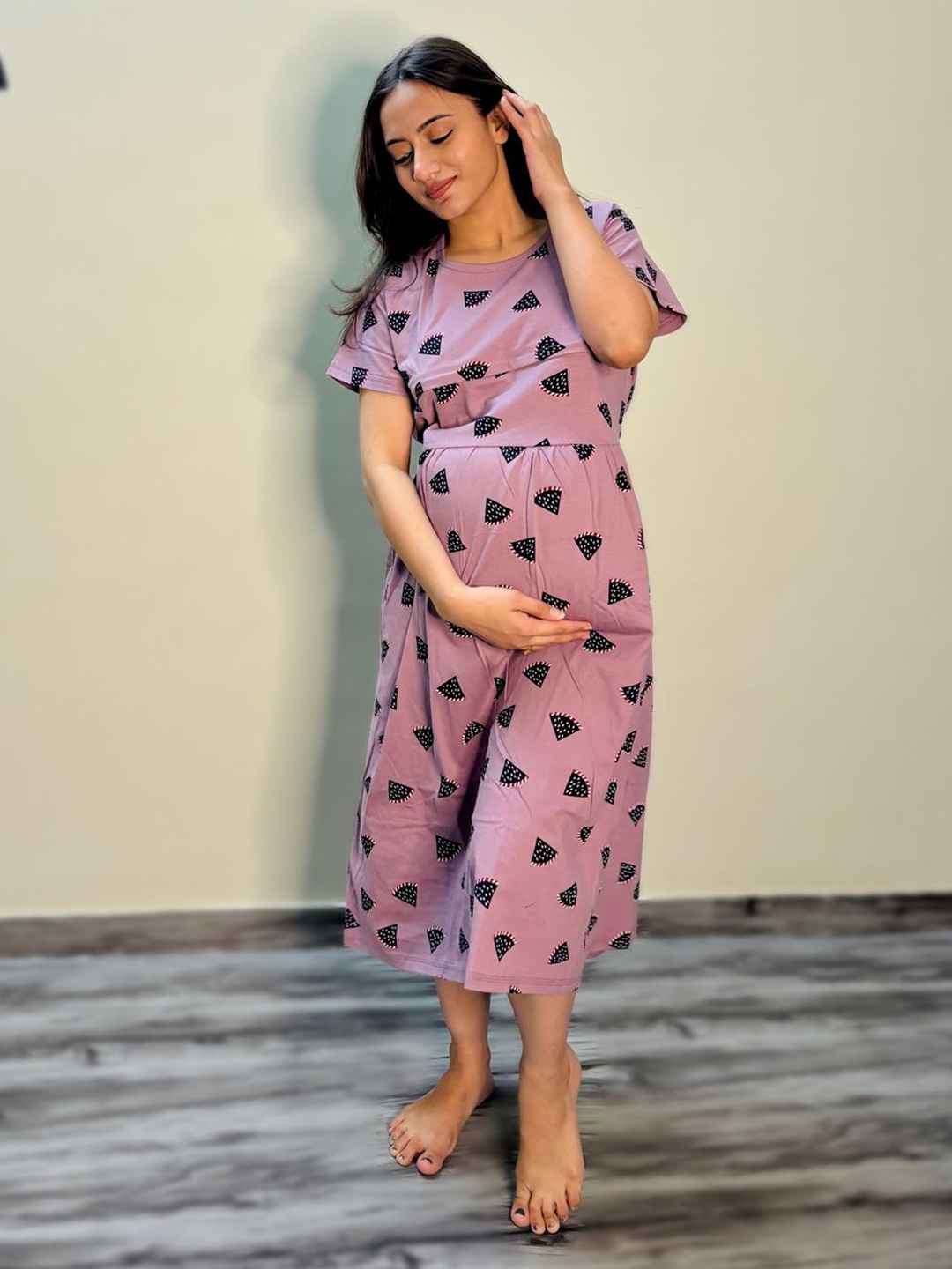 

SWEET MOON Geometric Printed Cotton Maternity Nightdress, Lavender