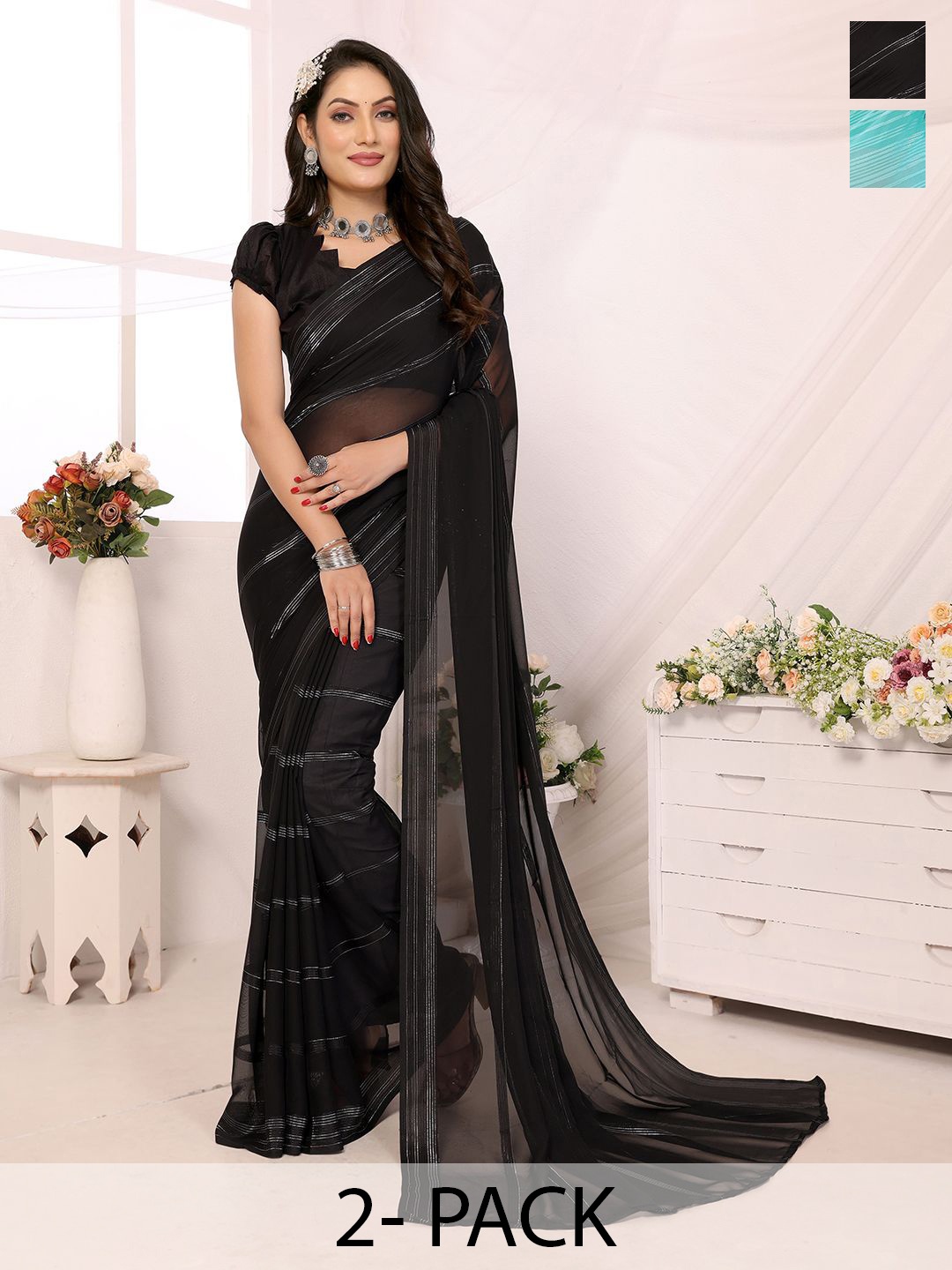 

Moda Rapido Set of 2 Striped Satin Sarees, Black