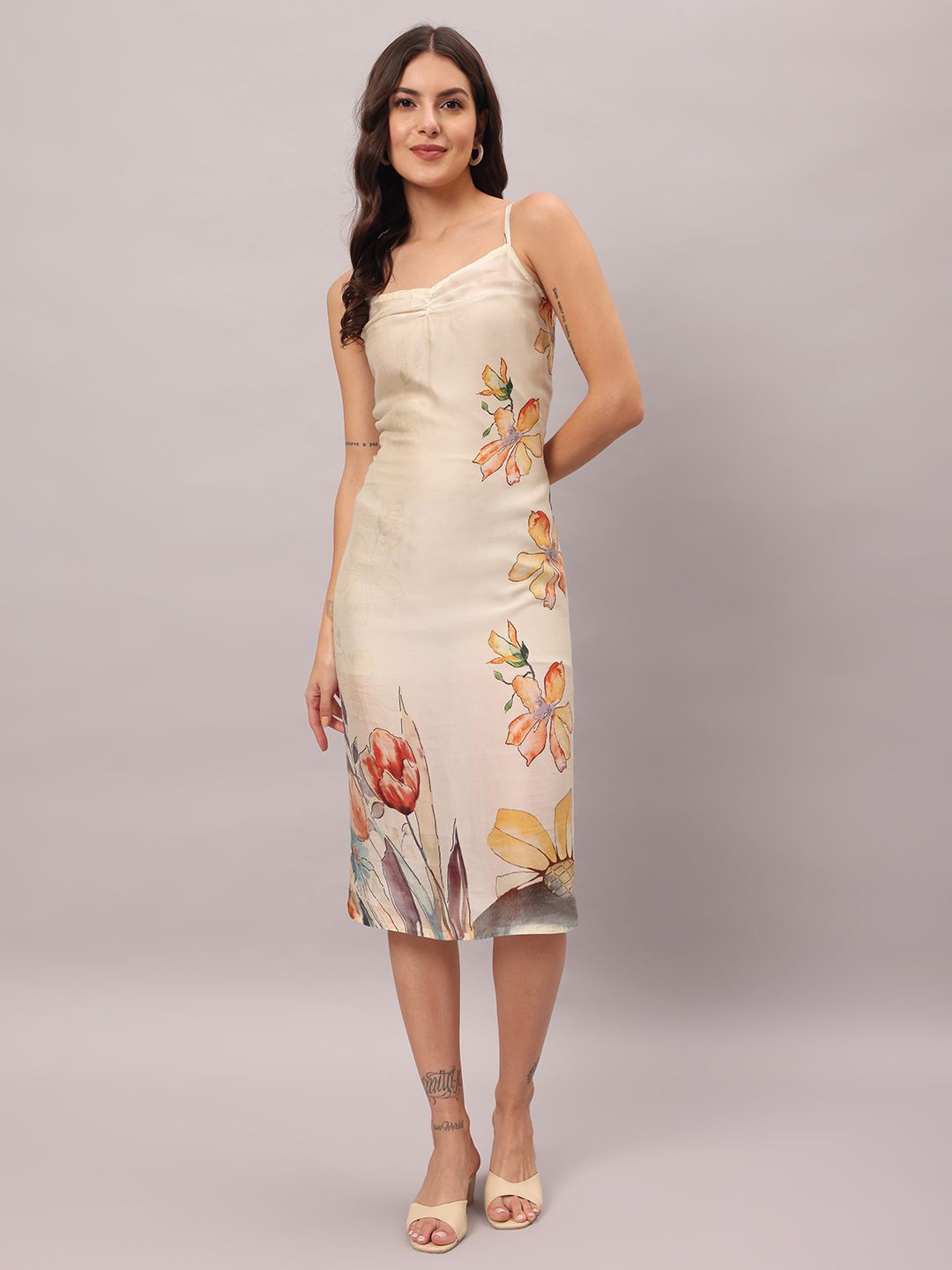 

BRIJAL LAD Floral Print Satin Sheath Midi Dress, Yellow