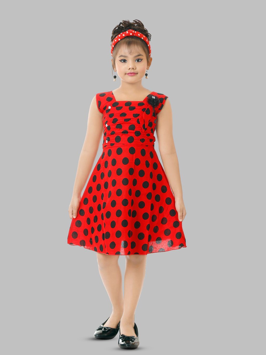 

Fessist Girls Polka Dots Printed Cotton Fit & Flare Dress, Red