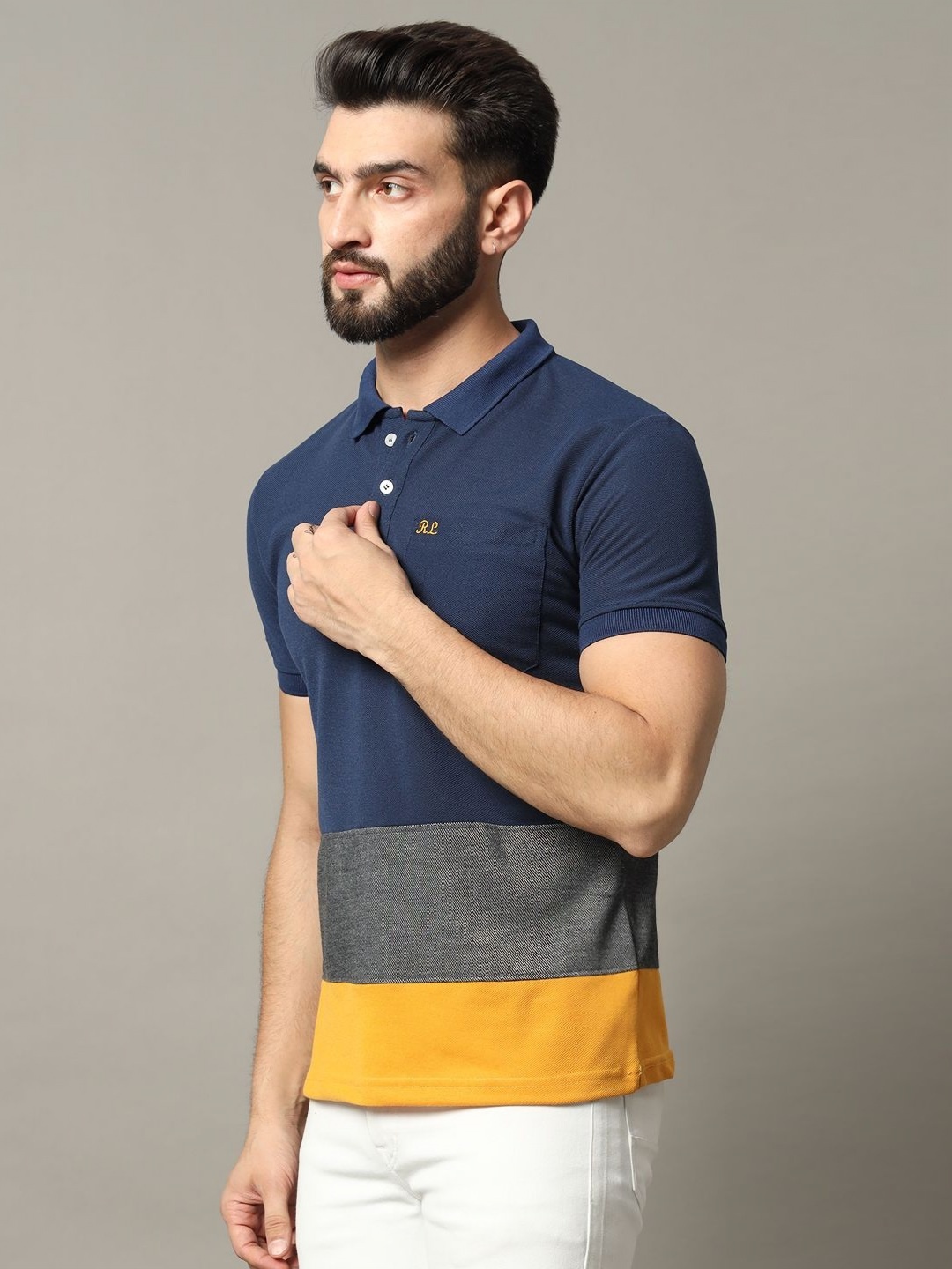 

RELANE Men Colourblocked Polo Collar Cotton Slim Fit T-shirt, Navy blue