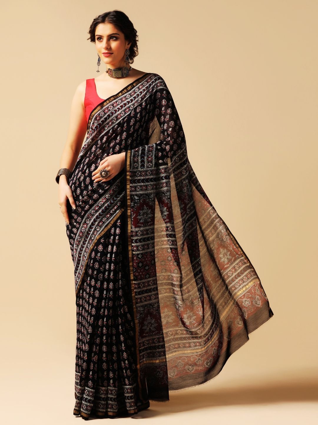 

ADITRI Zari Pure Silk Block Print Saree, Black