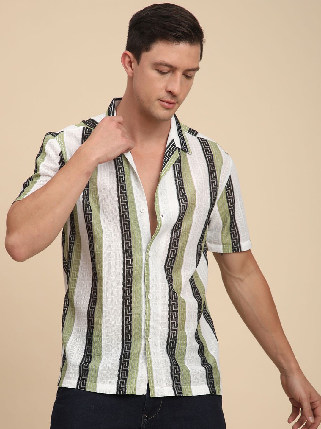 

Voroxy Men Relaxed Semi Sheer Striped Casual Shirt, Green