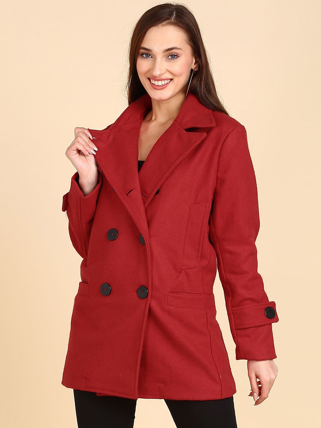 

Dillen Women Notched Lapel Solid Woollen Party Trench Coat, Red