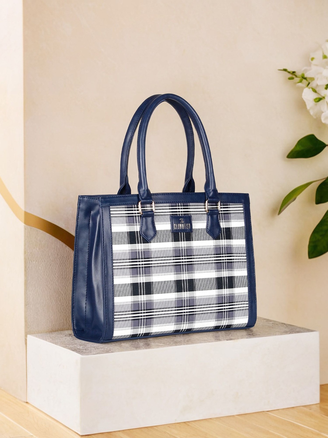 

THE CLOWNFISH Women Alvis Checked Structured Leather Handheld Bag, Navy blue