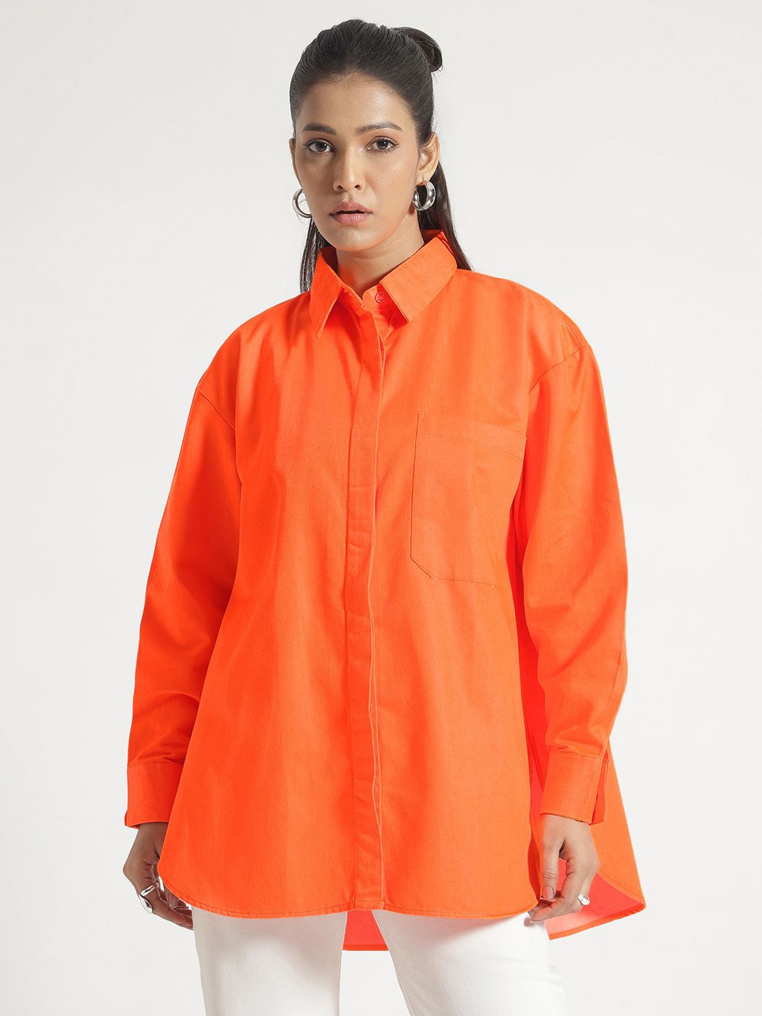 

Code 61 Women Comfort Oversized Fit Spread Collar Solid Cotton Casual Shirt, Orange