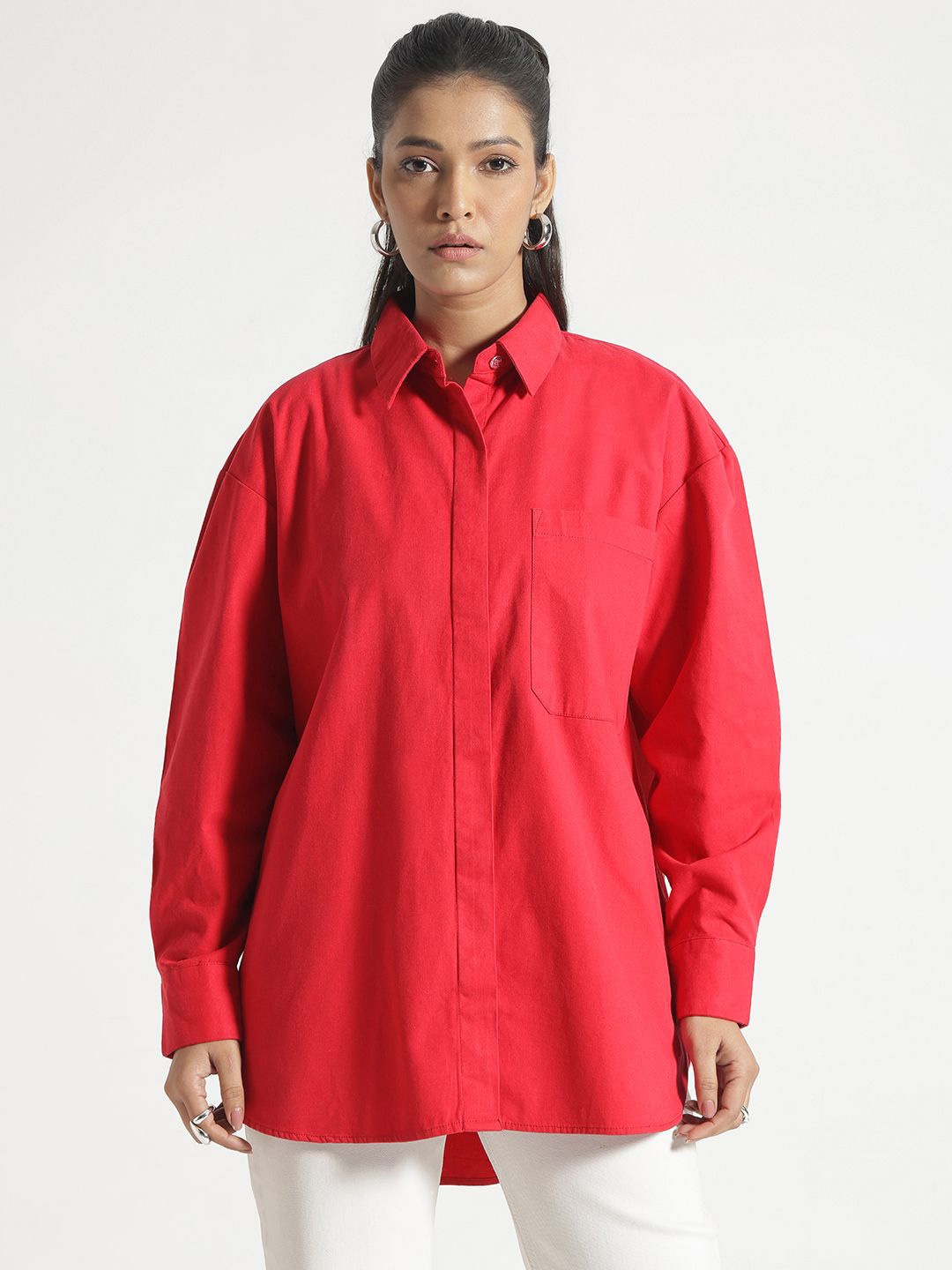 

Code 61 Women Comfort Oversized Fit Spread Collar Solid Cotton Casual Shirt, Red