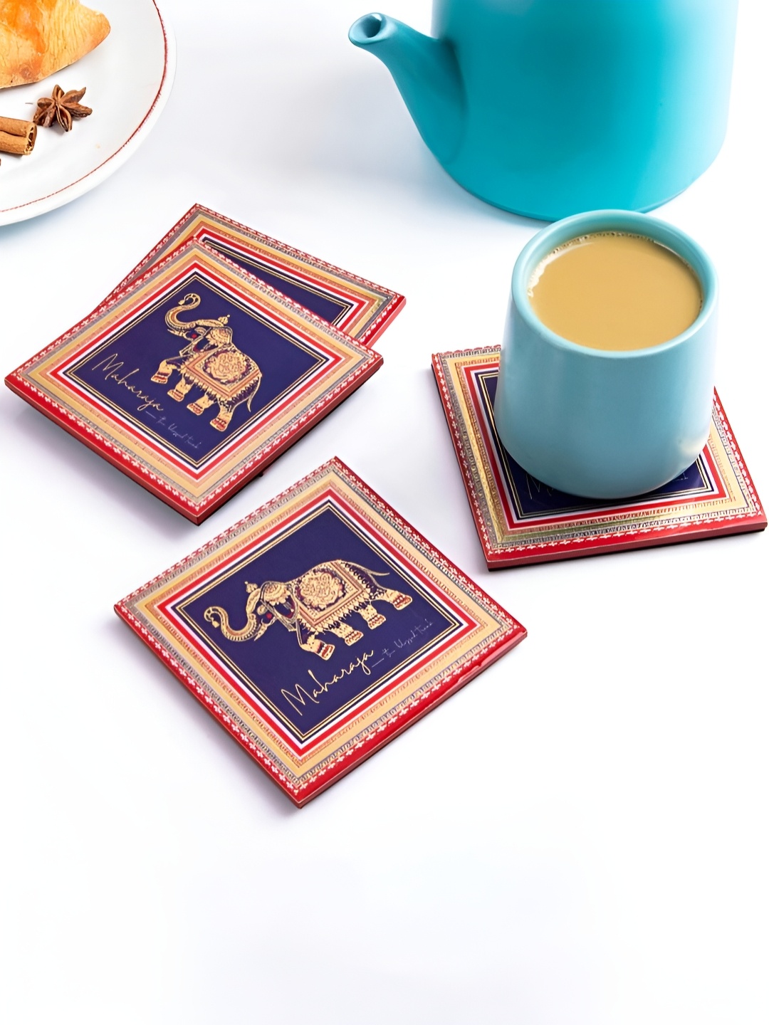 

giBOX 4 4 Pieces Purple & Red Gold-Plated Printed Square Glossy Finish Wooden Coasters, Blue