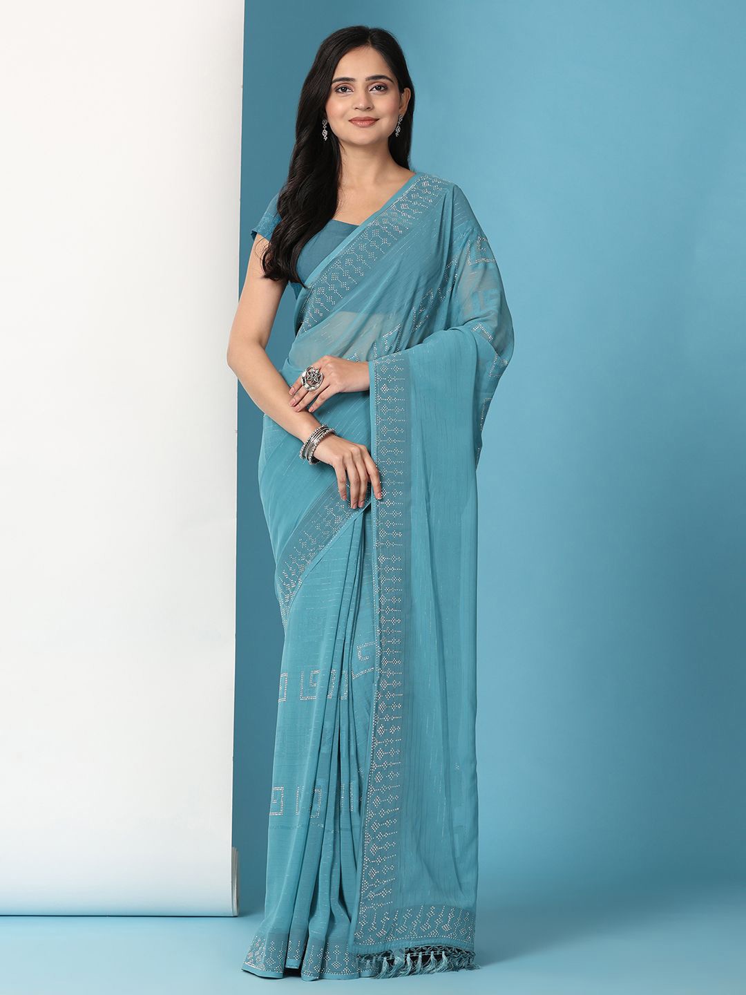 

Pionex Embellished Sequinned Poly Georgette Saree, Blue