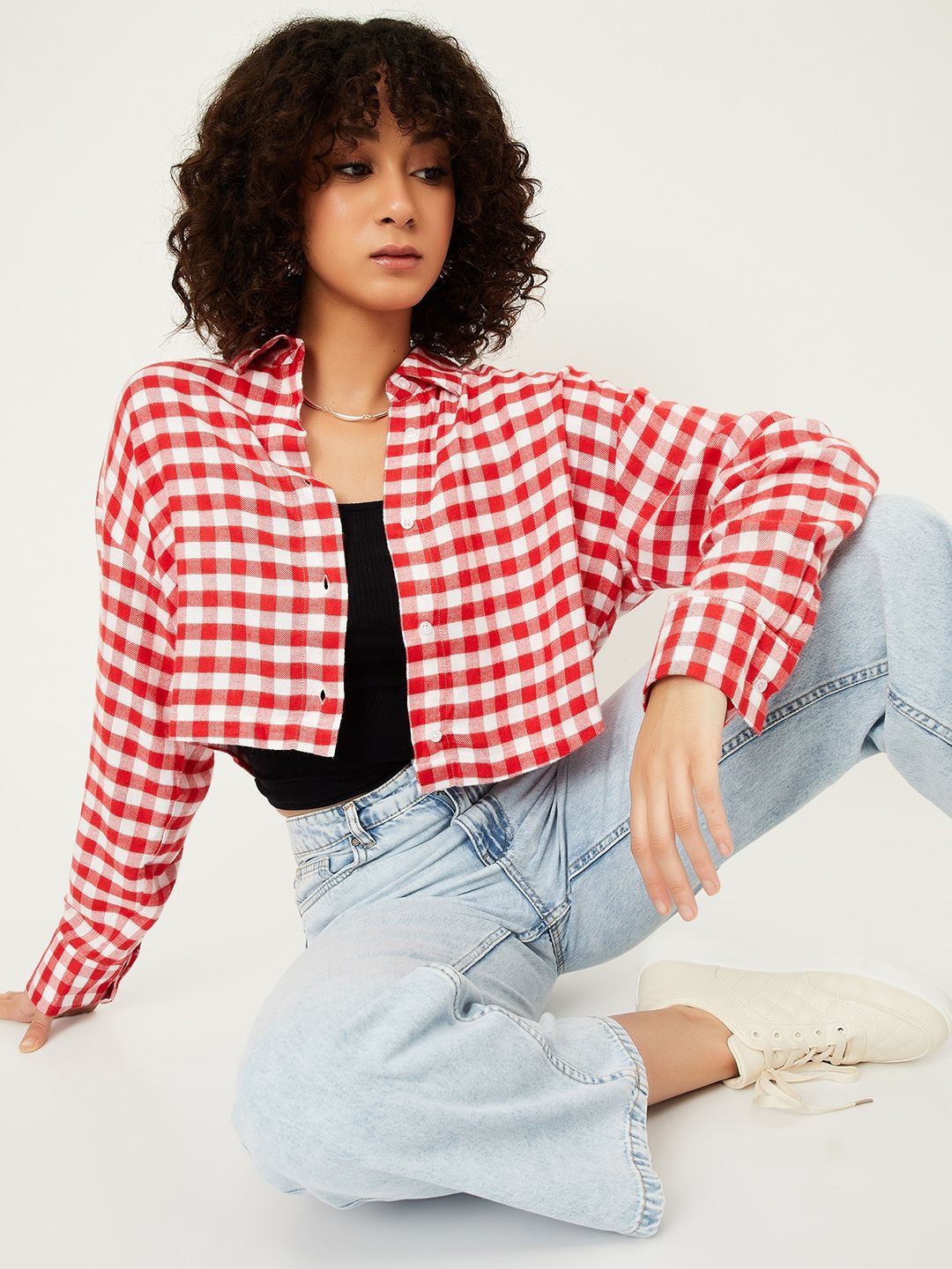 

max Women Boxy Fit Spread Collar Gingham Checked Casual Shirt, Red