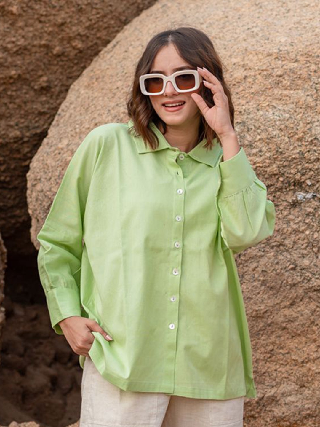 

Babli Women Comfort Relaxed Fit Spread Collar Solid Cotton Casual Shirt, Green