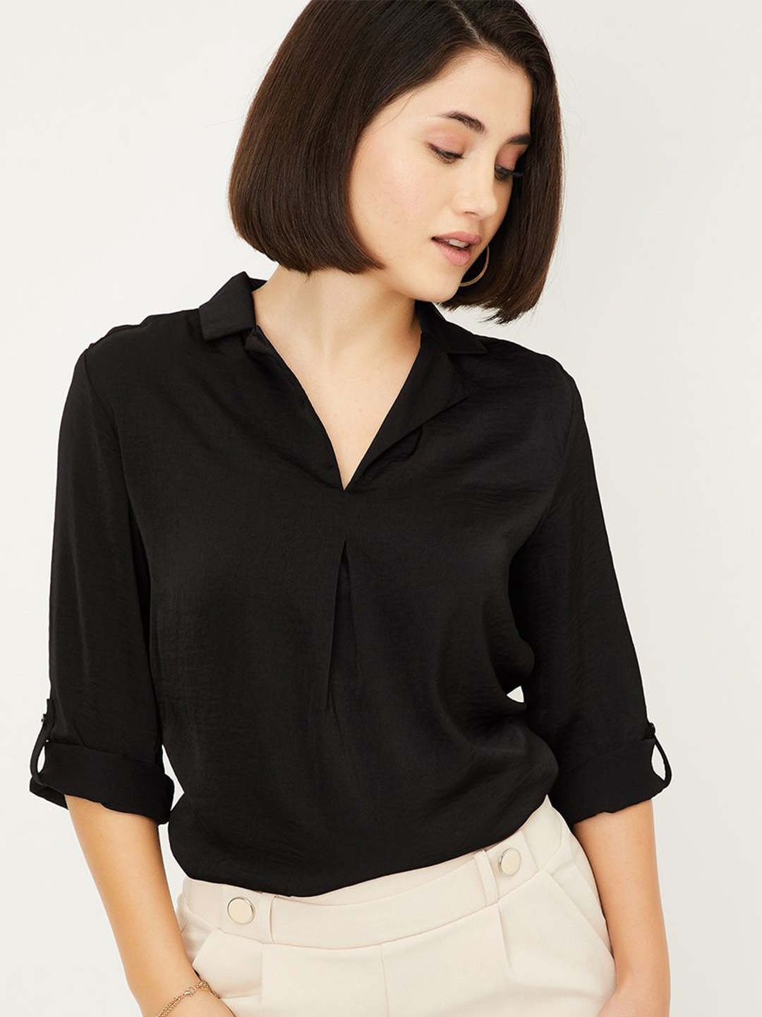 

max Women Solid Shirt Collar Top, Black