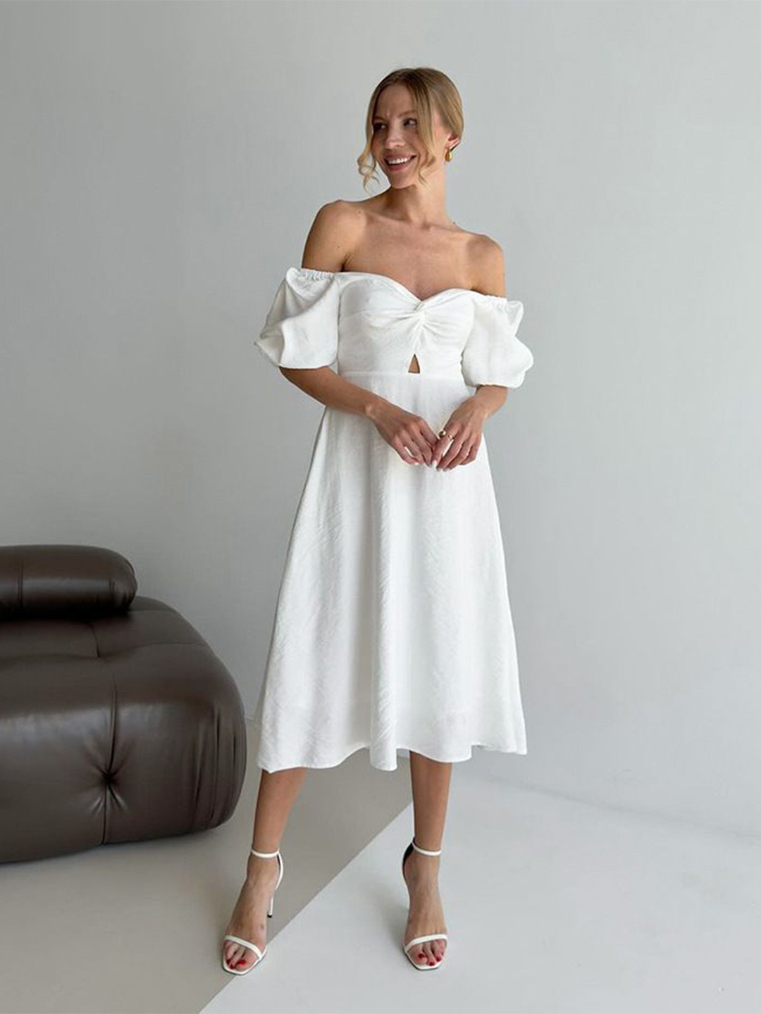 

MIAKEE Women Off-Shoulder Fit & Flare Midi Dress, White