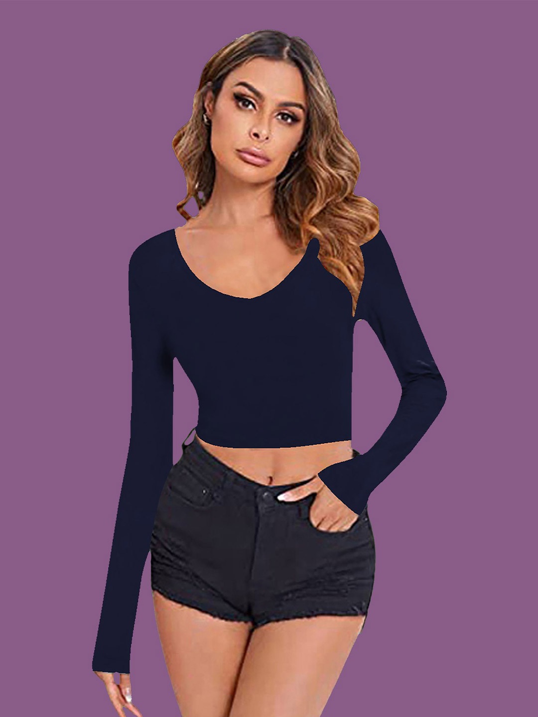 

Dream Beauty Fashion Women Scoop Neck Fitted Crop Top, Navy blue