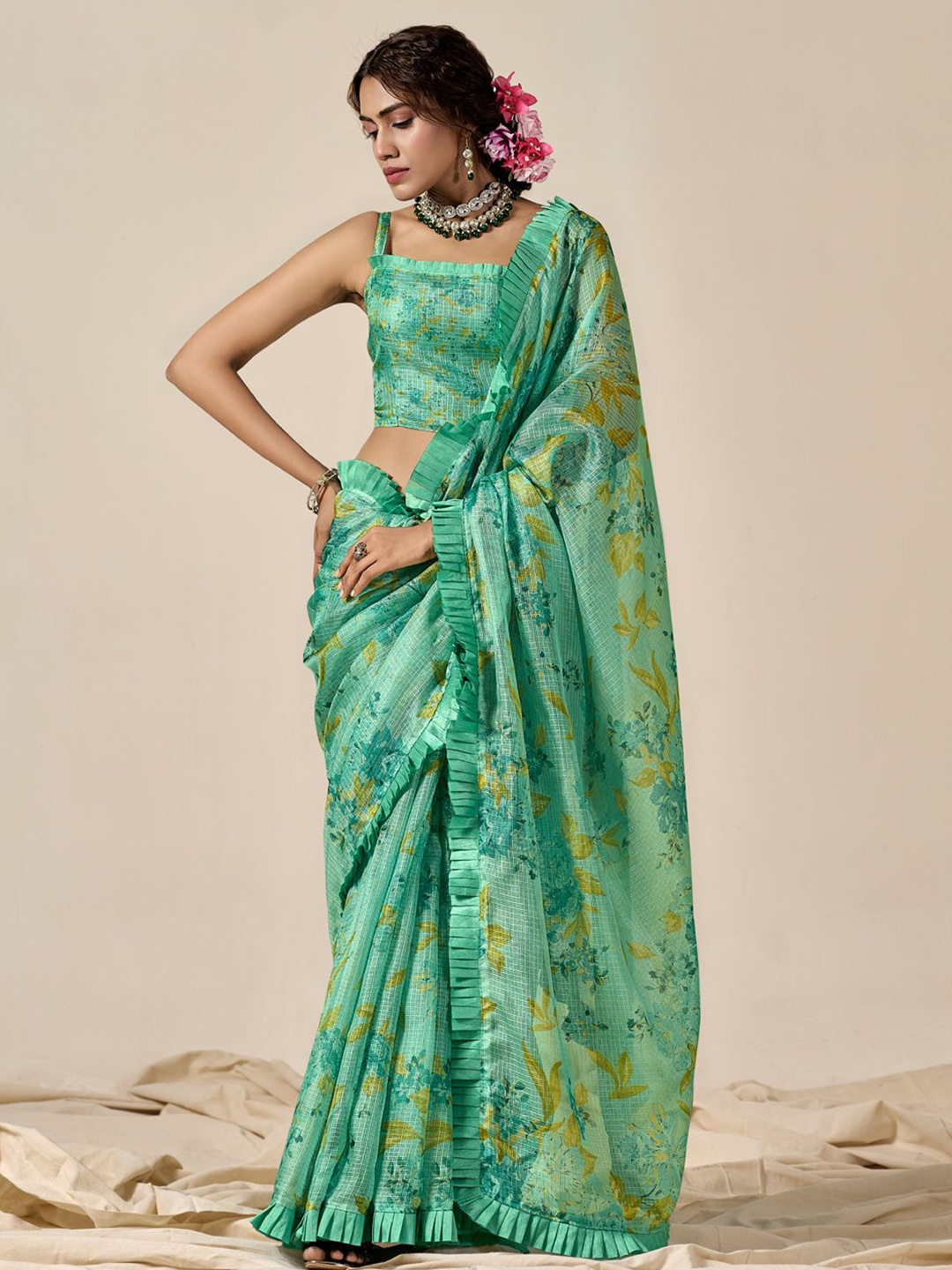 

DIVASTRI Checked Ruffles Kota Saree, Green