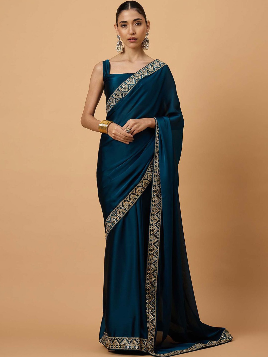 

all about you Beads and Stones Satin Saree, Teal