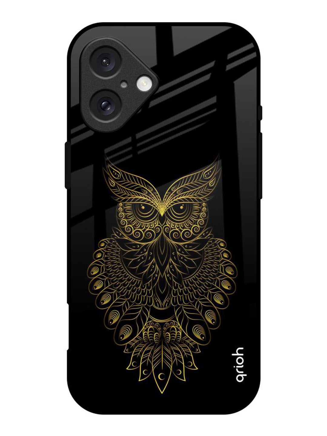 

QRIOH Golden Owl Printed iPhone 16 Back Case, Black