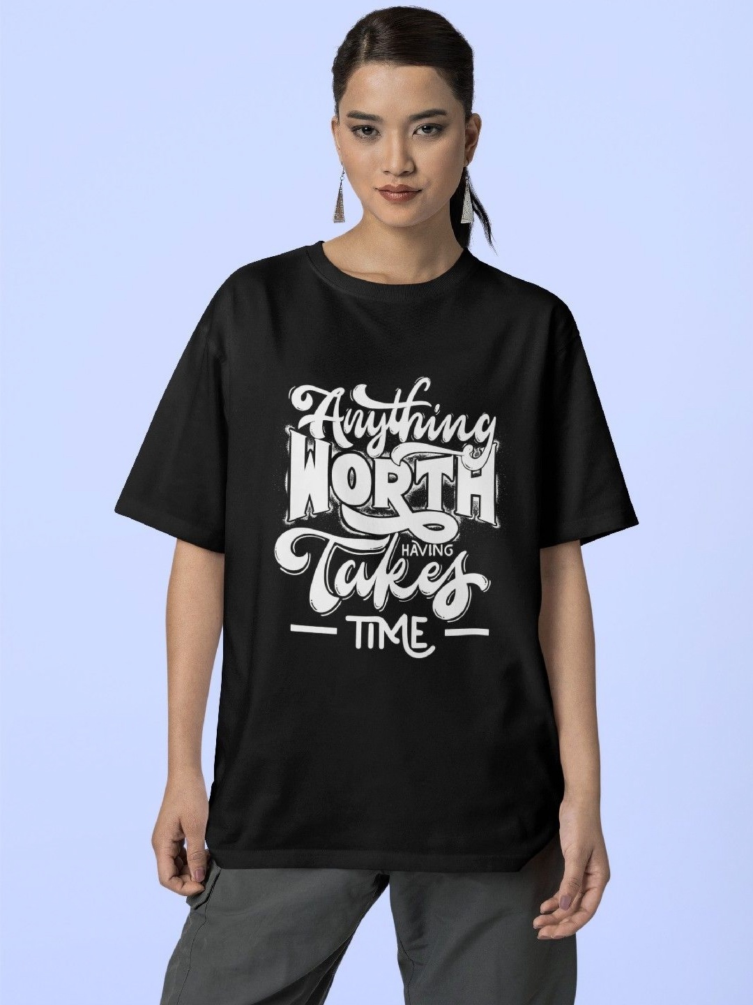 

Reifica Women Typography Printed Round Neck Cotton Oversized T-shirt, Black