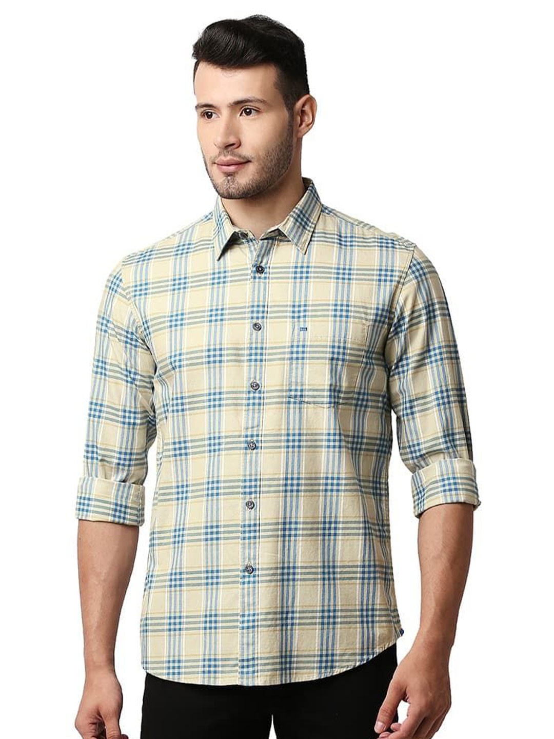

Basics Men Relaxed Fit Spread Collar Tartan Checked Cotton Casual Shirt, Beige