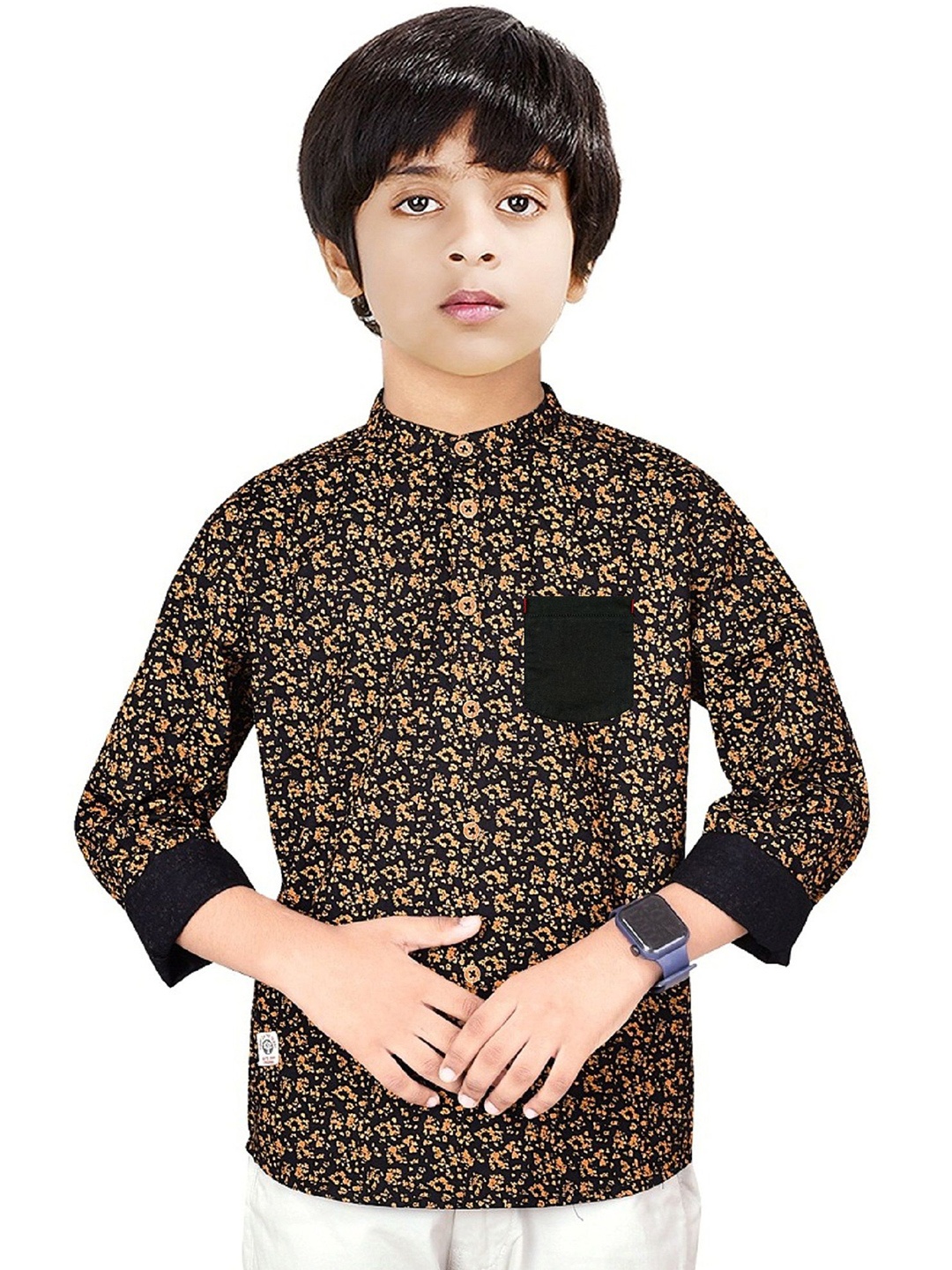 

MADE IN THE SHADE Boys Band Collar Abstract Printed Cotton Casual Shirt, Black