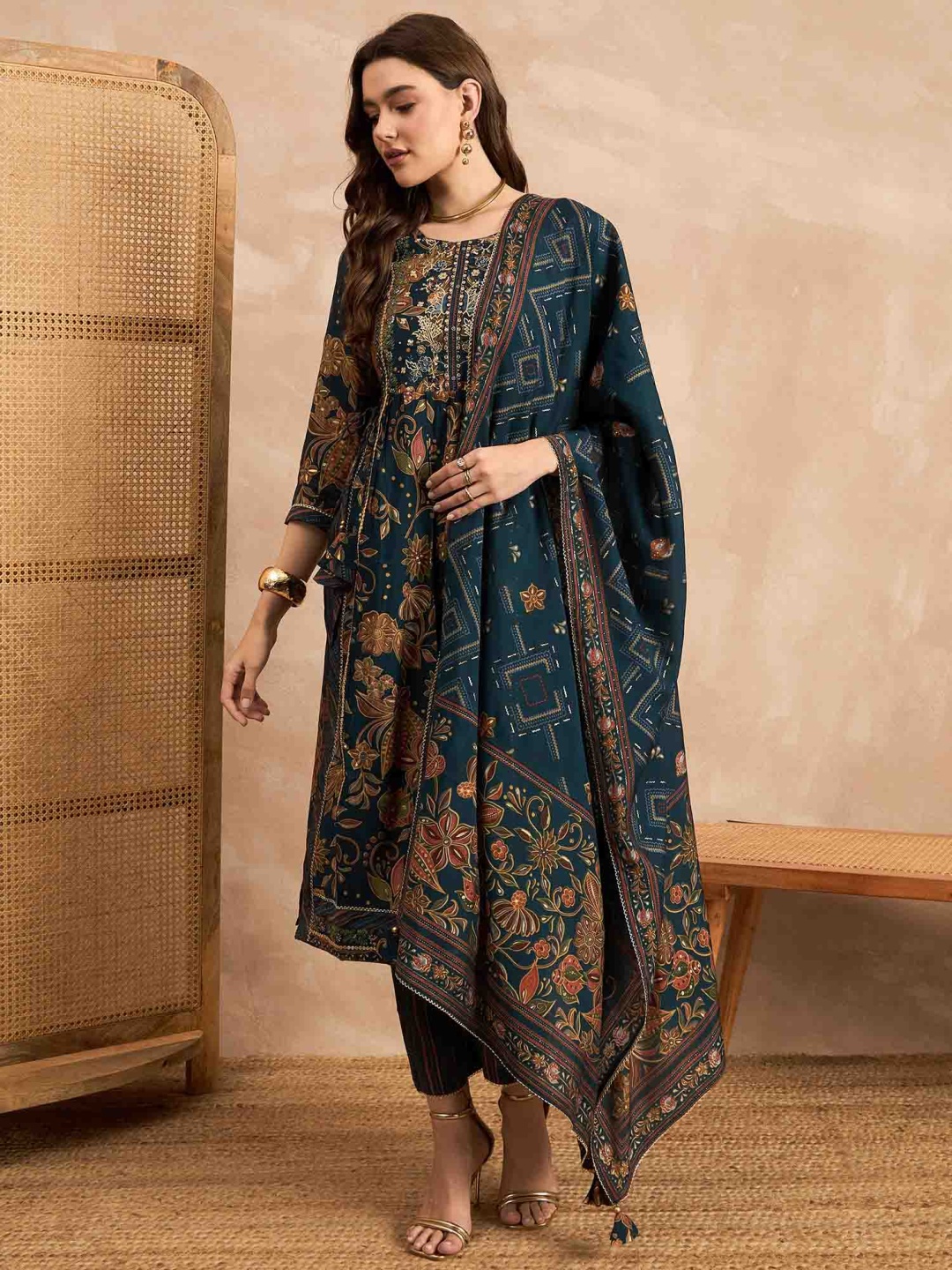 

CHETI Floral Printed Sequinned Pleated Chanderi Silk A-Line Kurta With Trouser & Dupatta, Teal