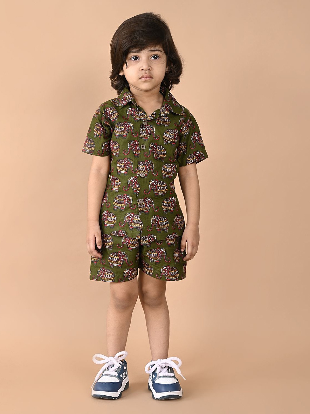 

MoMaa Boys Printed Short Sleeves Pure Cotton Shirt With Shorts, Green