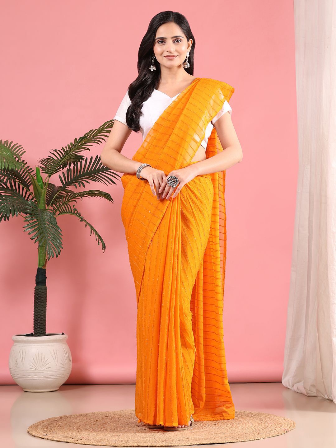 

Pionex Zari Poly Chiffon Ready to Wear Saree, Gold