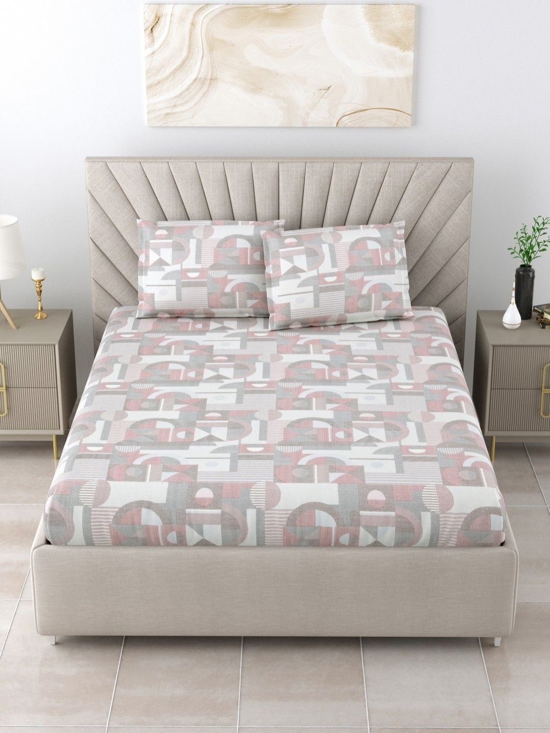

Aura White & Purple Geometric 120 TC King Bedsheet with 2 Pillow Covers