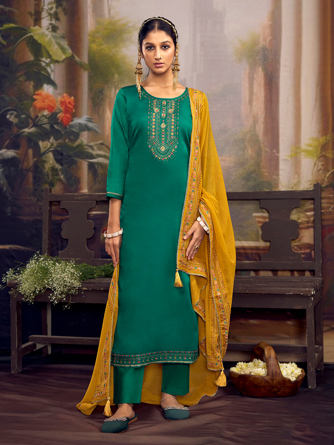 

Anouk Green and Yellow Floral Embroidered Sequinned Unstitched Dress Material