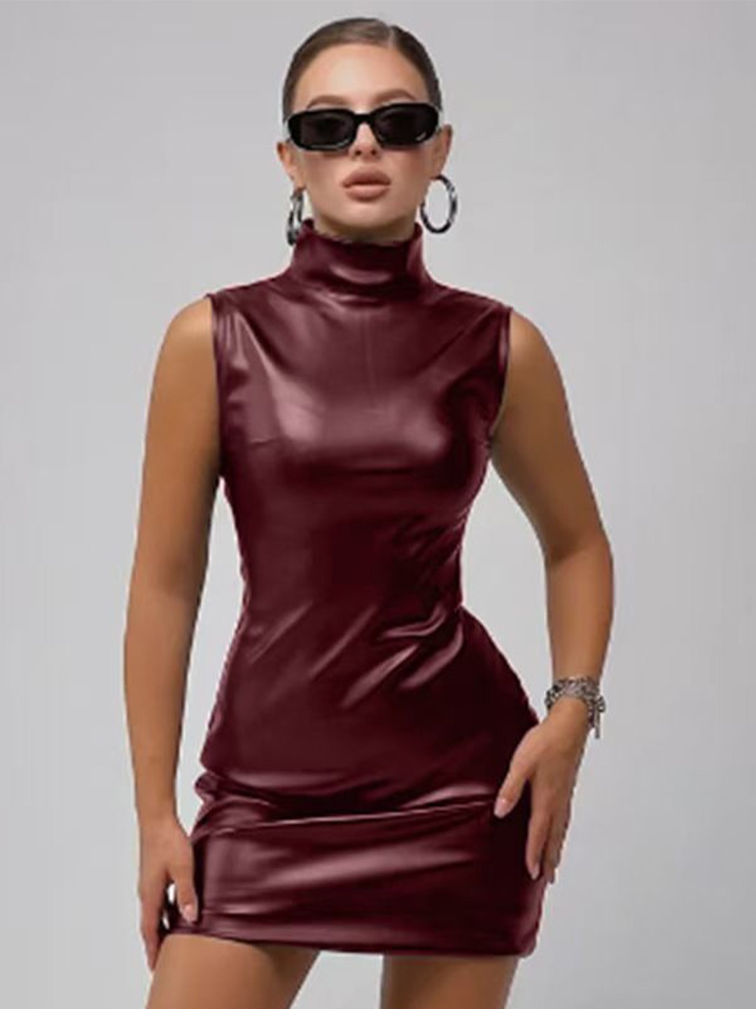 

MIAKEE PU Coated Sheath Mock Neck Sleeveless Mini Dress, Maroon