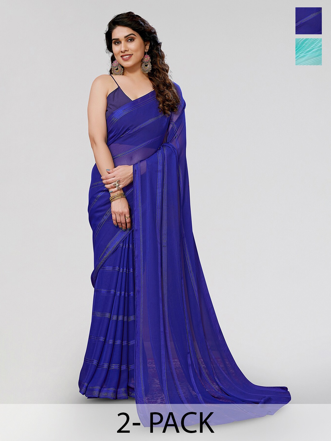 

Moda Rapido Set of 2 Striped Satin Sarees, Blue