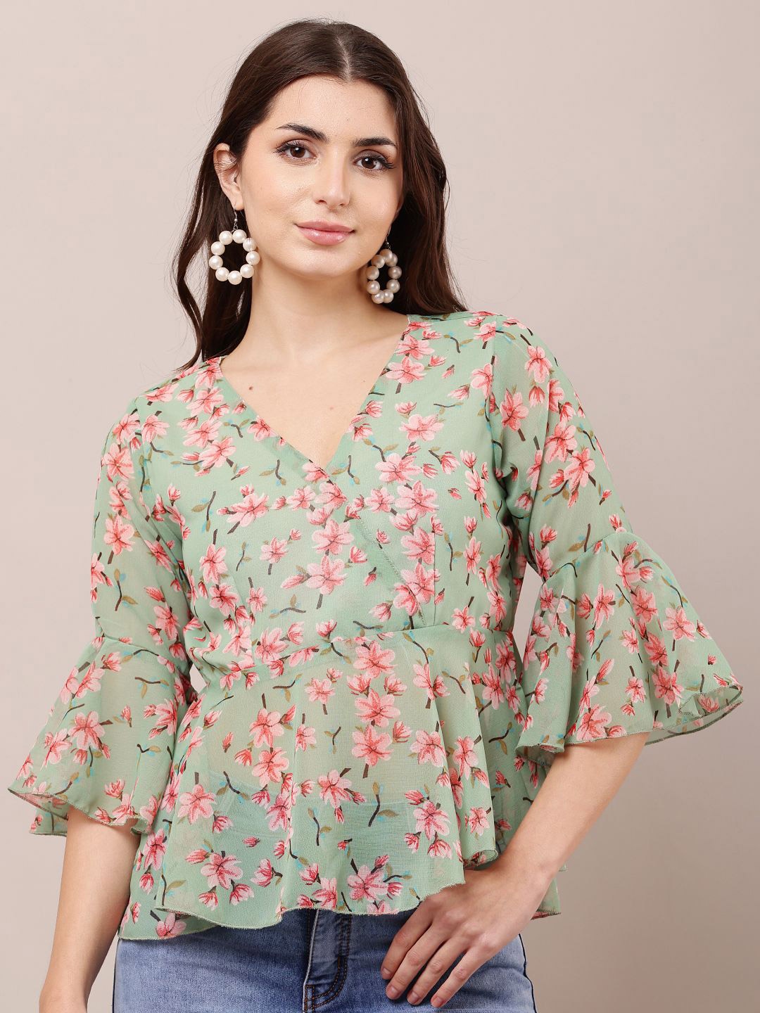 

Raabta Fashion V-Neck Floral Printed Bell Sleeve Georgette Peplum Top, Green